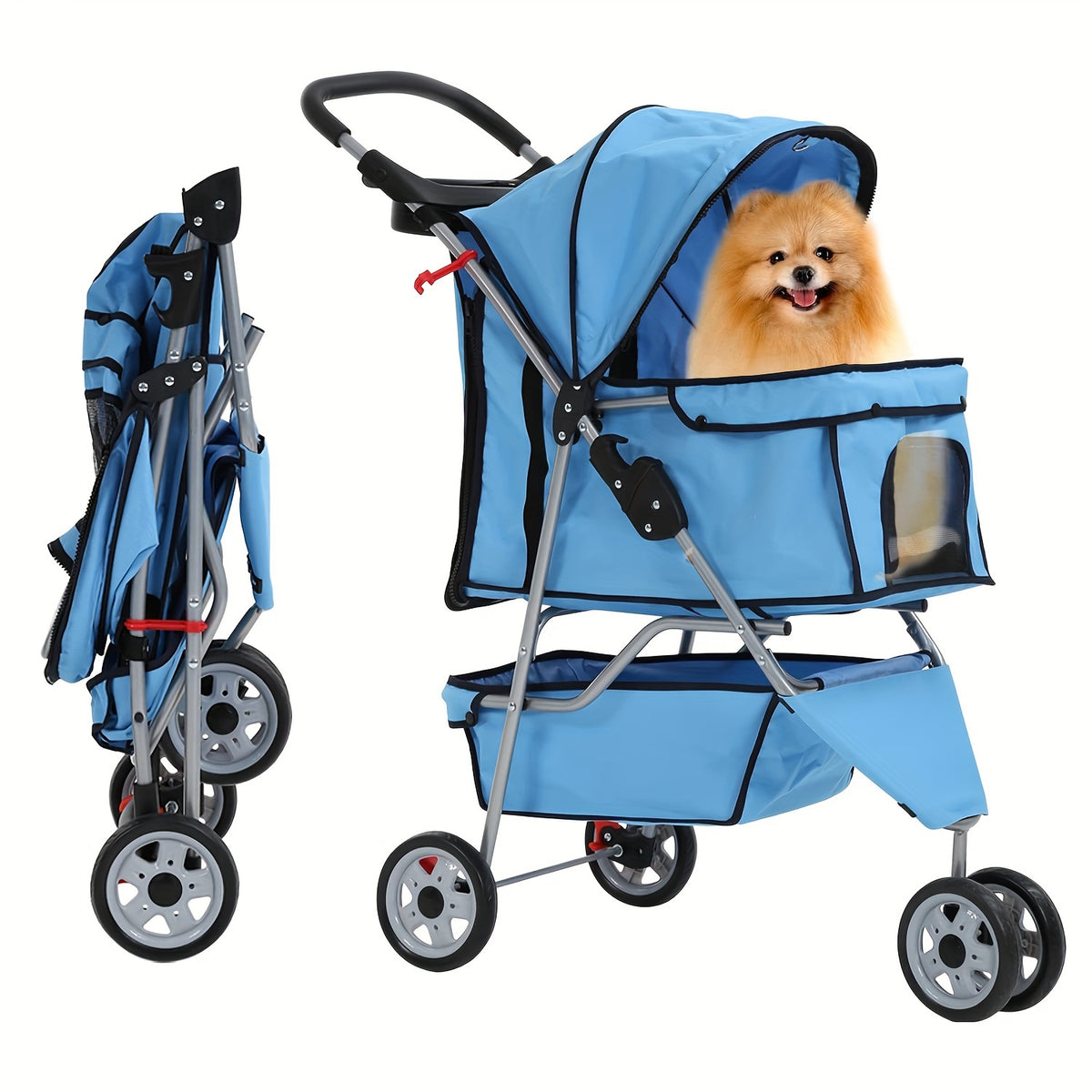 Dog Stroller with Removable Liner and Cup Holder, Three-Wheel Folding Pet Pushchair for Small Dogs, Cats and Medium Pets, Five Color Options