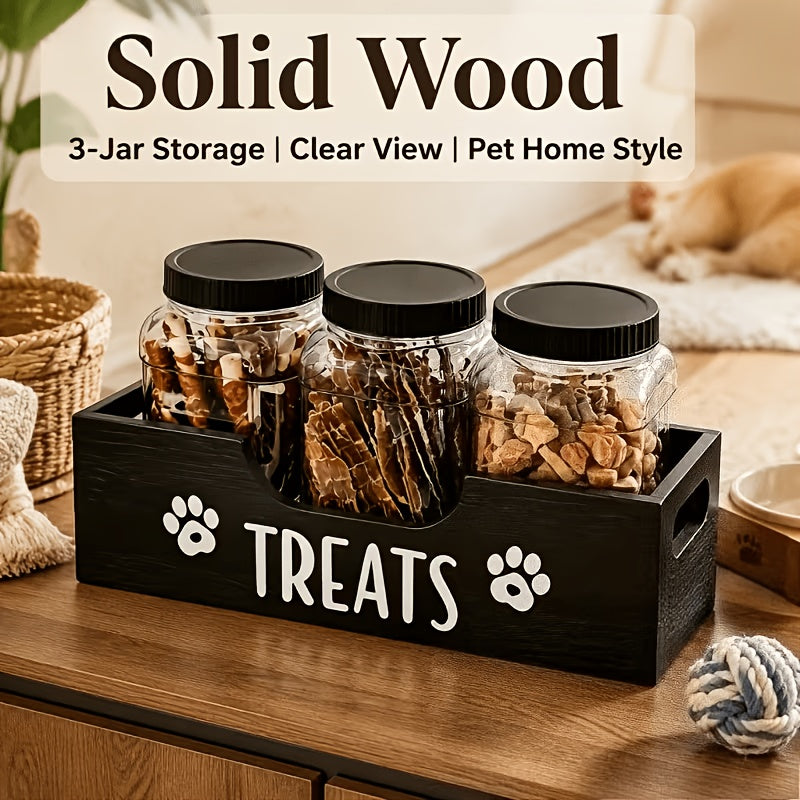 Pet Treat Jar Organizer with Paw Print Pattern, Farmhouse Countertop Holder for 3 Jars, Faux Wood Look in Black or White for Dog Owners