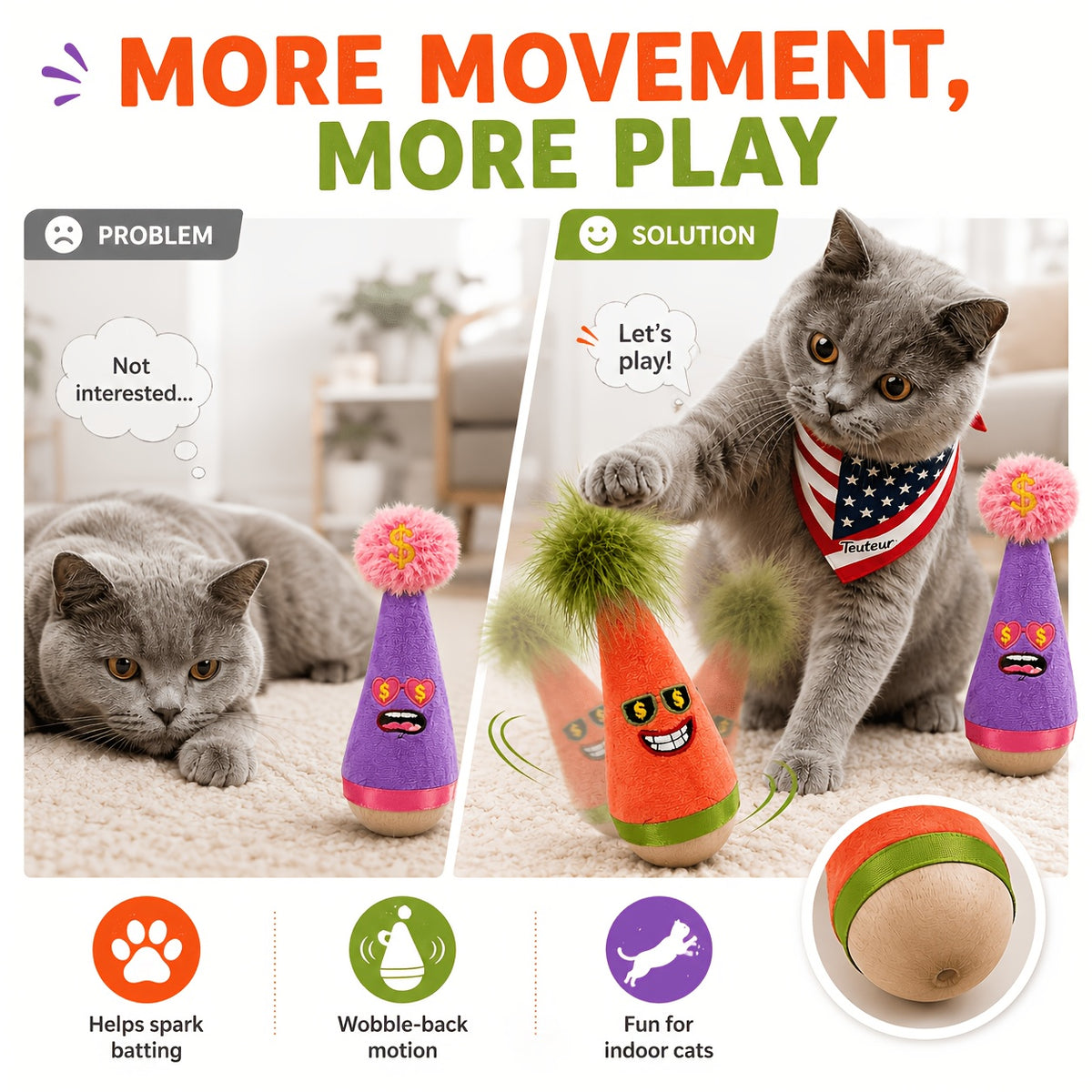 Cat Wobble Feather Toy with Cat Mint Powder, Interactive Hunting and Chasing Teaser for Indoor Kittens and Adult Cats, Purple or Red Styles