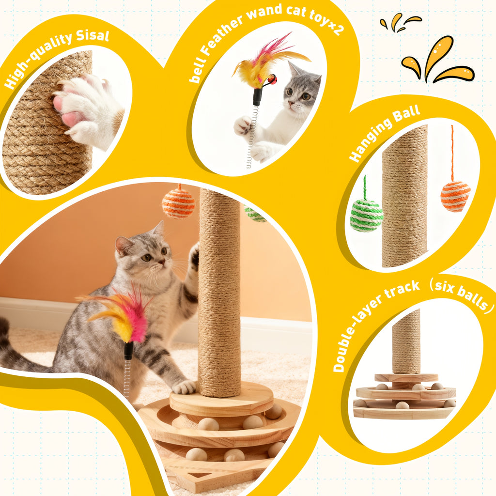 Interactive Cat Scratching Post with Double-Layer Ball Track and Feather Toys, M L XL Cat Scratcher and Replacement Pillar Options for Indoor Cats