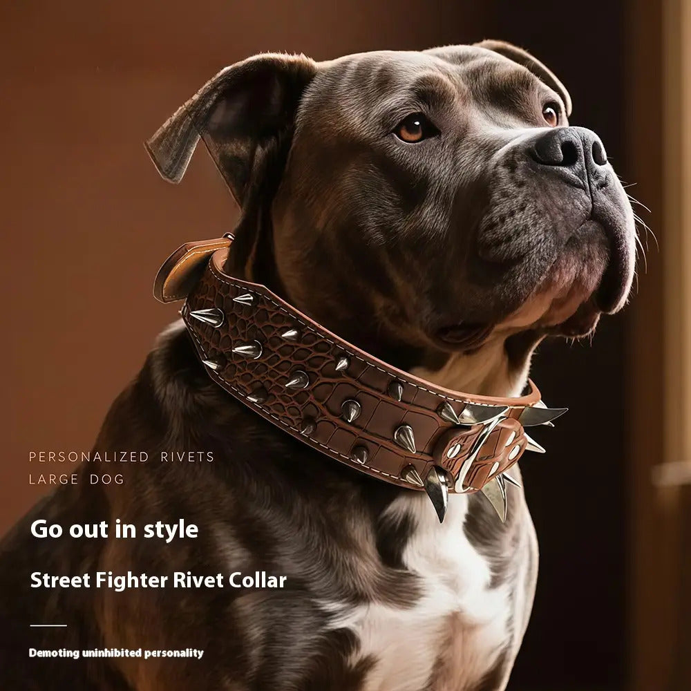Spiked Dog Collar 2 Inch Wide with Adjustable Buckle, Leather-Like Statement Collar for Medium and Large Dogs, Four Colors in M to XXL Sizes