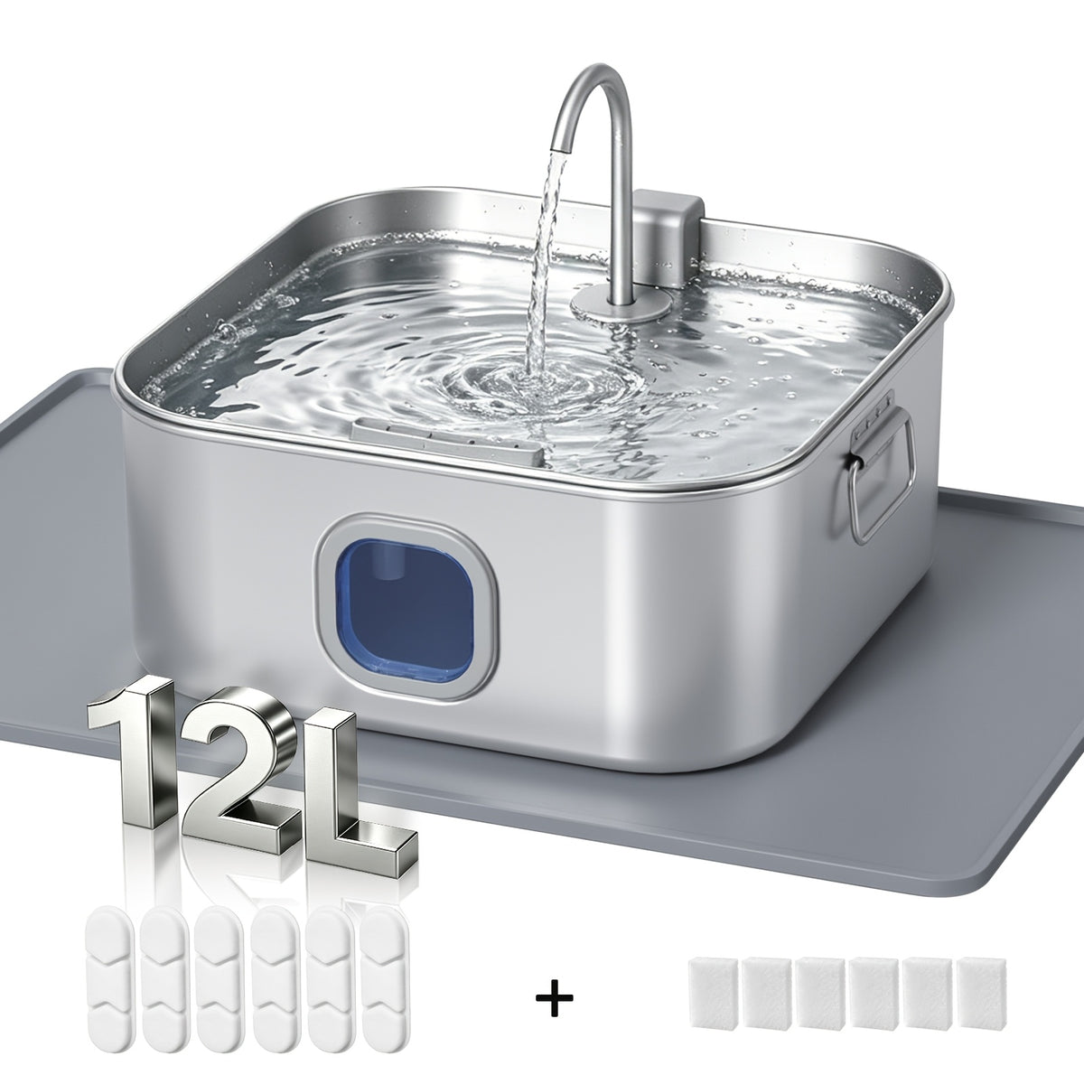 Stainless Steel Dog Water Fountain 12L 3.2 Gal for Large Dogs and Multi-Pet Homes, Ultra Quiet Pet Water Dispenser with Water Level Window, Dry Burn Protection and Red Blue Indicator Lights, Easy to Clean, Without Battery