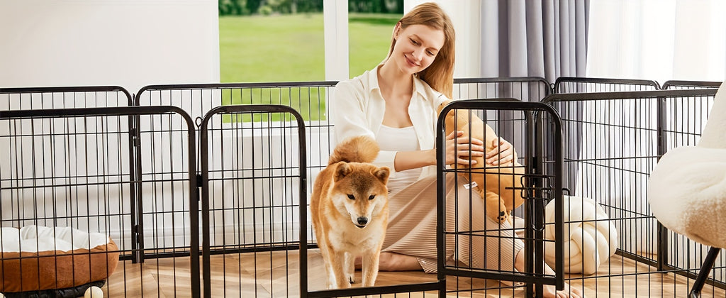 Metal Dog Playpen with Door, DIY 8 or 16 Panel Puppy Exercise Fence in 24, 32 or 40 Inch Size Options for Indoor and Outdoor Supervised Play