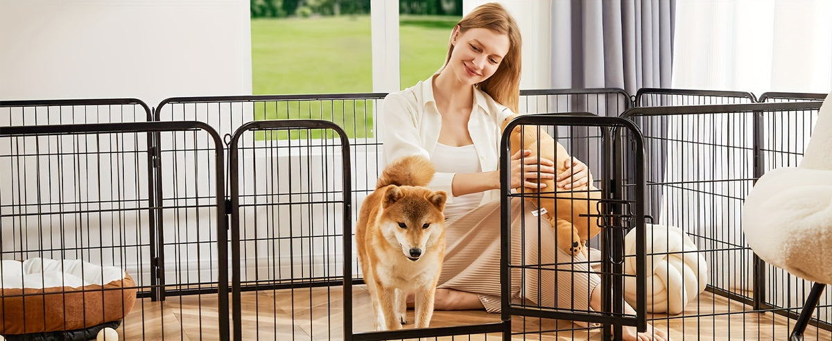 Metal Dog Playpen with Door, DIY 8 or 16 Panel Puppy Exercise Fence in 24, 32 or 40 Inch Size Options for Indoor and Outdoor Supervised Play