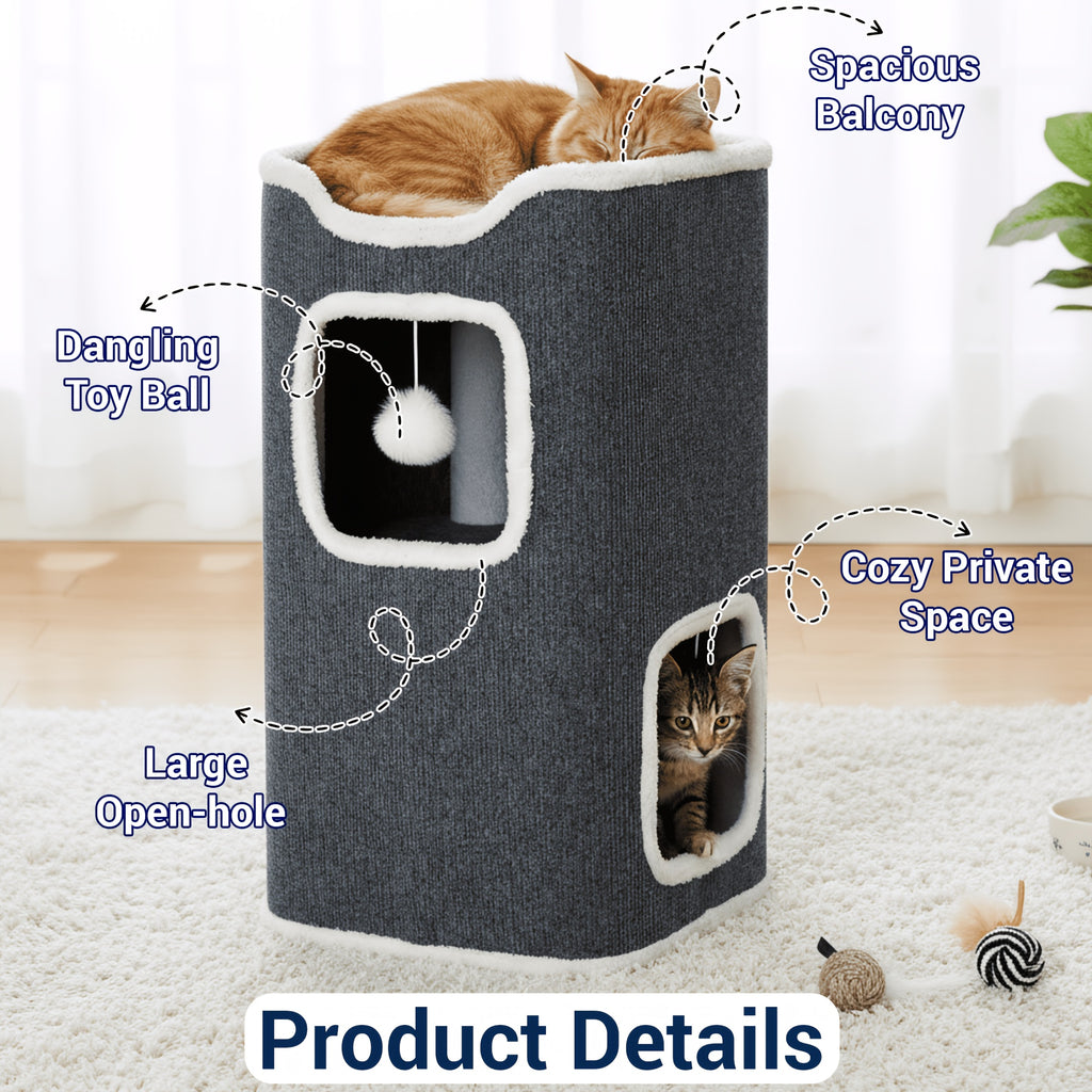 Cat Condo Bed with Hideaway Nests, Soft Lounging Platform and Hanging Ball Toys, Indoor Cat Furniture in Blue, Camel, Coffee or Beige