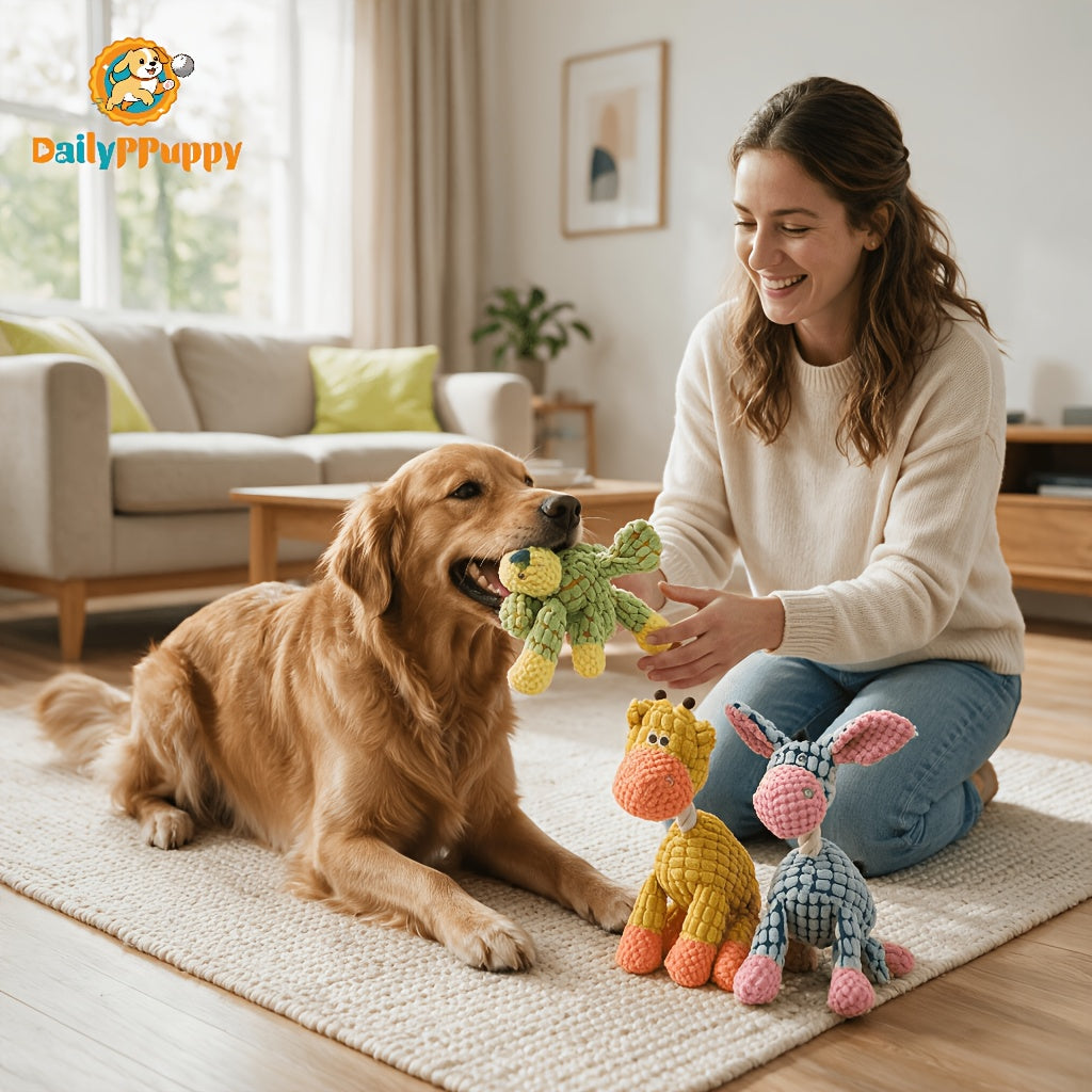 Rope Neck Squeaky Dog Toys 3 Pack, Colorful Plush Animal Play Set with Donkey Design for Small and Medium Dogs, Supervised Gentle Chewing