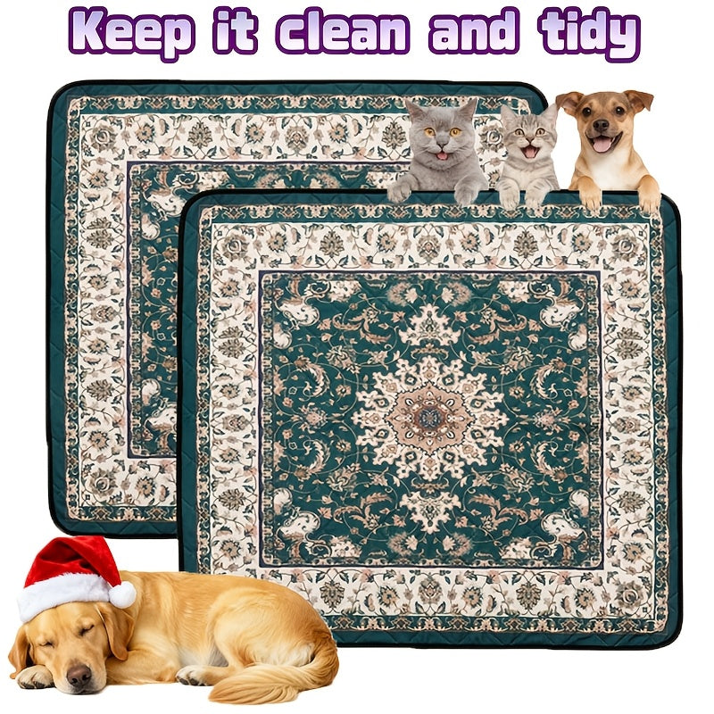 Bohemian Washable Dog Pee Pads 2 Pack, 36 x 36 Inch Reusable Non-Slip Puppy Potty Training Mats with Ornate Green Print for Floors and Playpens