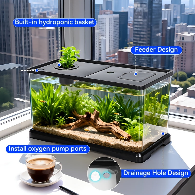 Rectangular Fish Tank with Lid and Plant Opening, Clear Aquarium Display in Large or M Model for Home, Office and Classroom Aquatic Decor