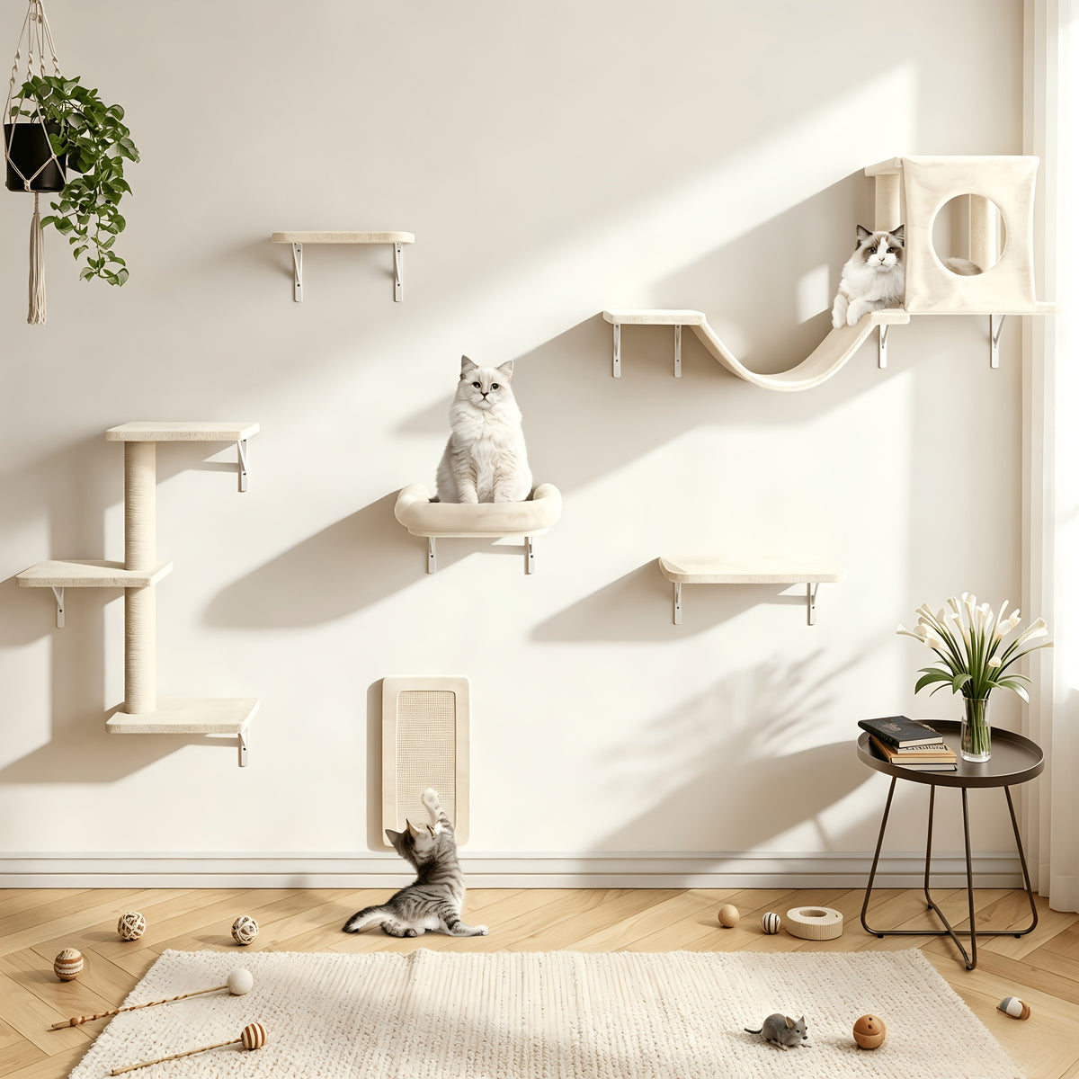 Cat Climbing Wall Shelves Set, Wall-Mounted Indoor Cat Furniture with Condo, Scratching Post, Bridge Ladder and Tunnel for Play and Rest