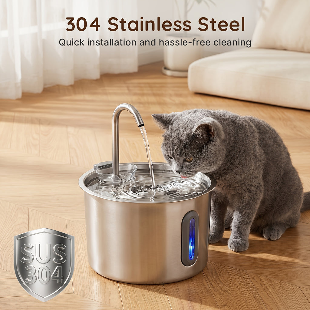 Cat Water Fountain with Filter and Sponge Bundles, 74oz 2.2L Stainless Steel Drinking Dispenser with Water Level Window for Indoor Cats and Small Dogs