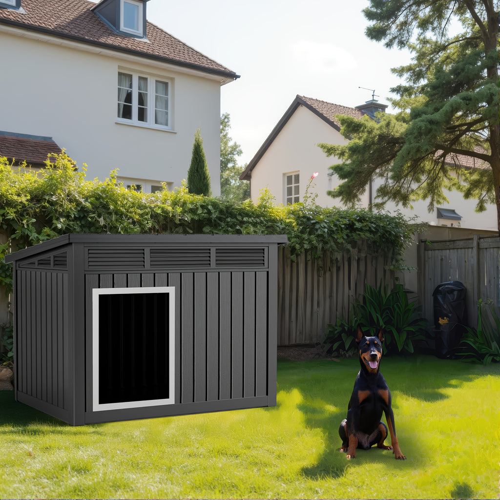 Large Plastic Dog House with Slanted Roof, UV-Resistant Outdoor Shelter with Ventilation, Black 42.87 x 32.95 x 31.61 Inches for Backyard Rest