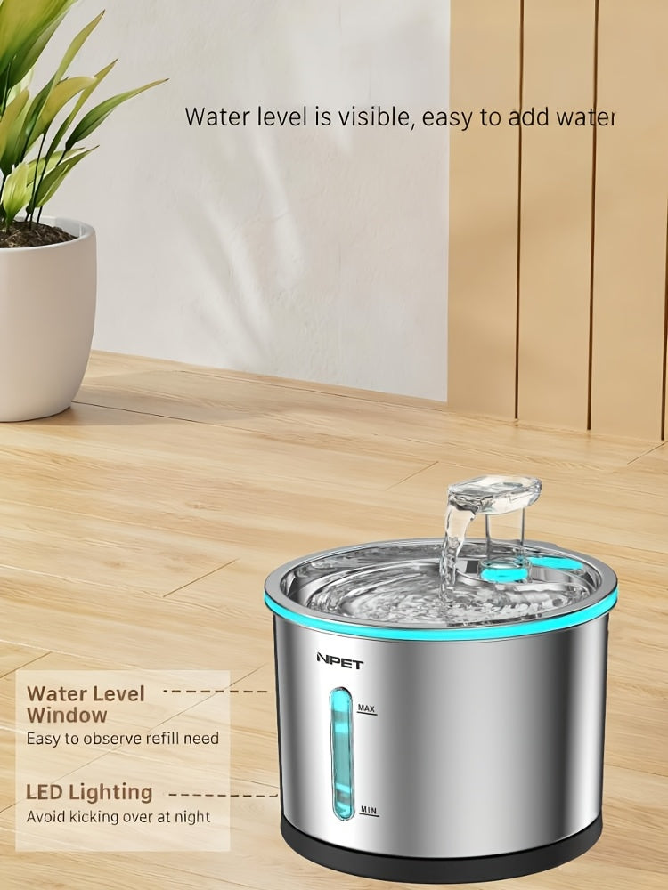 Stainless Steel Cat Water Fountain 50oz 1.5L, NPET WF210 Quiet Pet Drinking Dispenser with LED Water Level Window and Filter Bundle Options