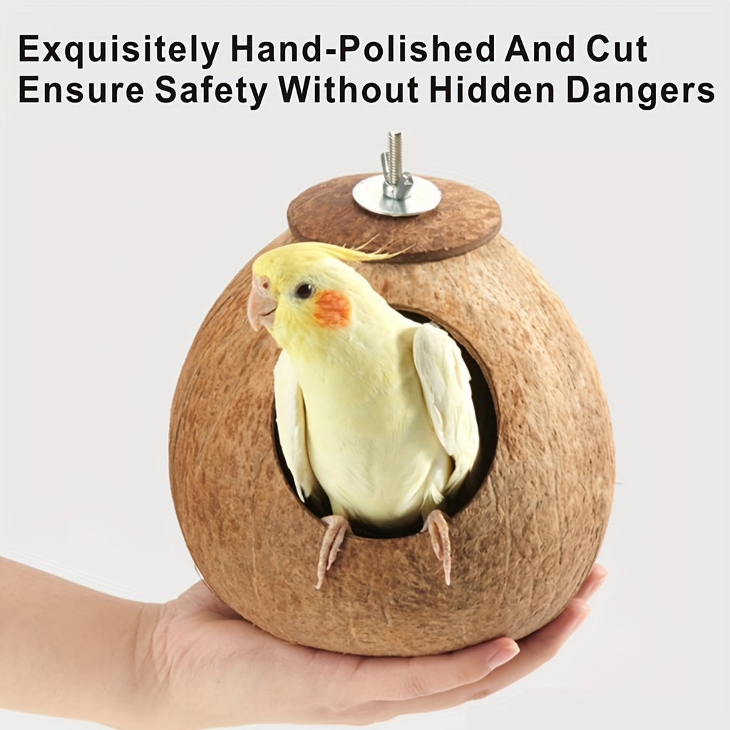 Coconut Shell Bird Nest 2 Pack with Hanging Ropes, Natural Bird Cage Hideaway Huts for Small Birds, Parakeet Cage Accessories and Decor