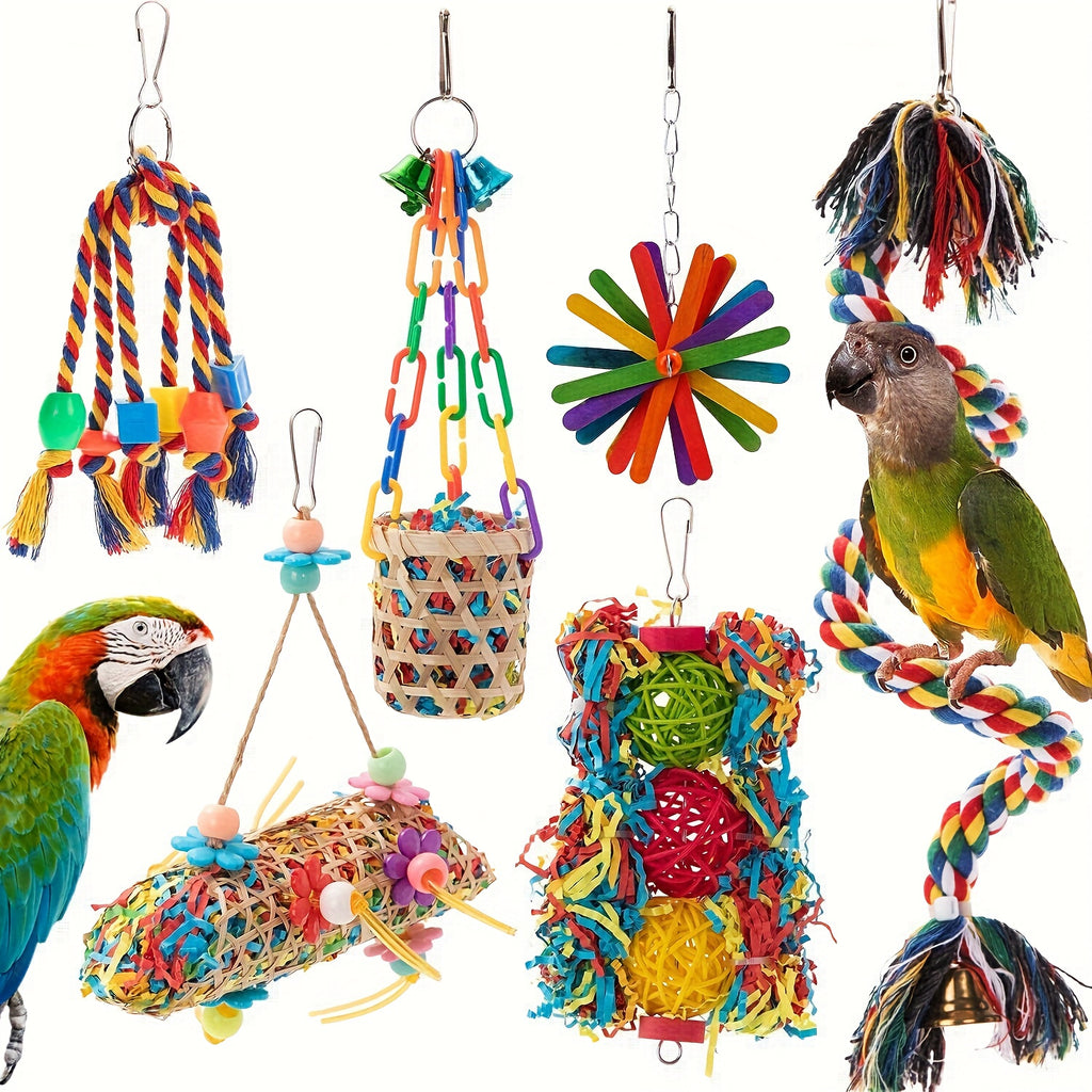 Bird Toy Set 6-Piece with Handmade Wooden Chew Toys, Hammocks, Swings and Perches for Small Birds, Cockatiels, Finches and Lovebirds