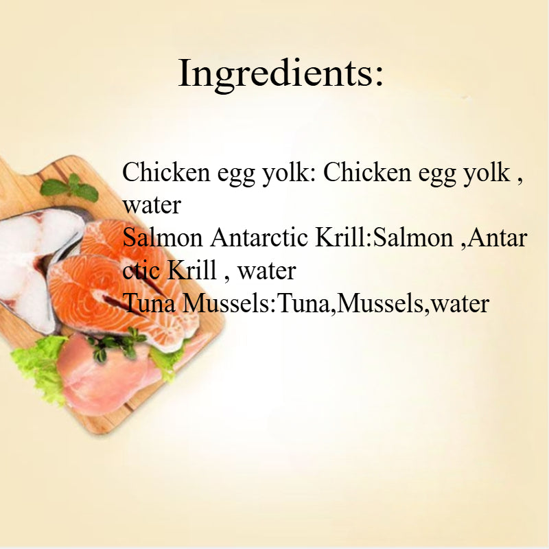 Wet Cat Food Snacks for Adult Cats and Kittens, Pet Treat Packs with Salmon, Tuna and Chicken Egg Yolk Flavor Choices for Everyday Treat Time