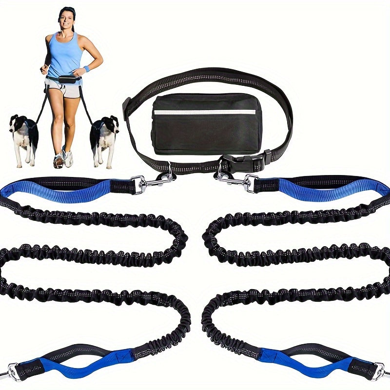 Dog Running Leash with Double Handles, Adjustable Hands-Free Elastic Lead for Medium and Large Dogs, Blue or Gray for Jogging and Daily Walks