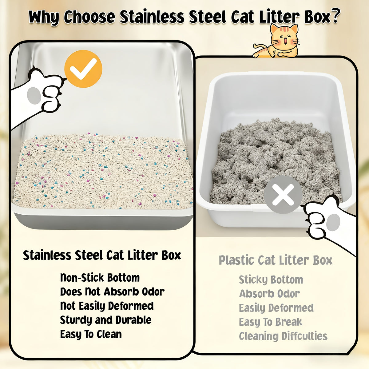 High-Sided Stainless Steel Cat Litter Box with Snap-Lock Design, Easy-Clean Metal Litter Tray for Indoor Cats, Black and Gray Options