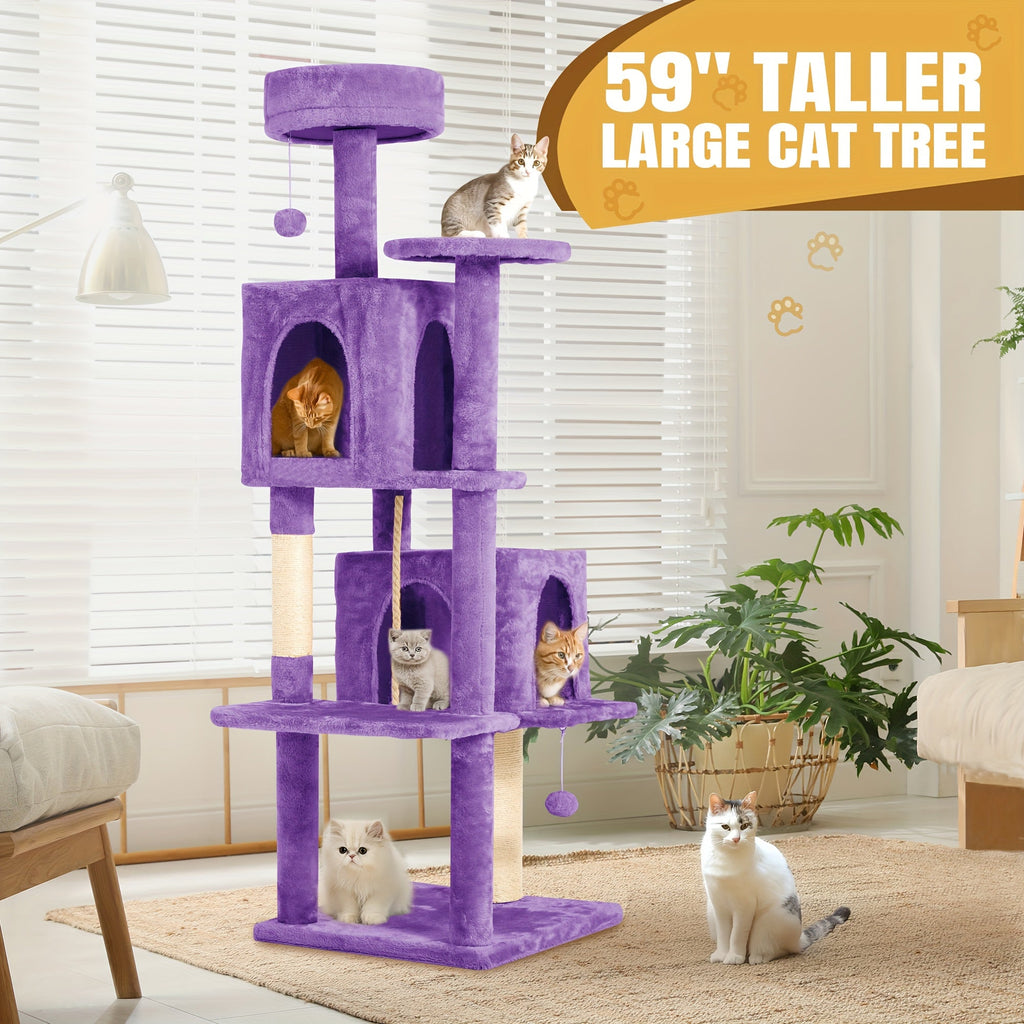 Cat Tower for Indoor Cats 59 Inch, Multi-Level Cat Tree with 2 Condos, Round Top Perch, Sisal Scratching Posts and Hanging Ball Toy, Plush Cat Furniture in 5 Colors