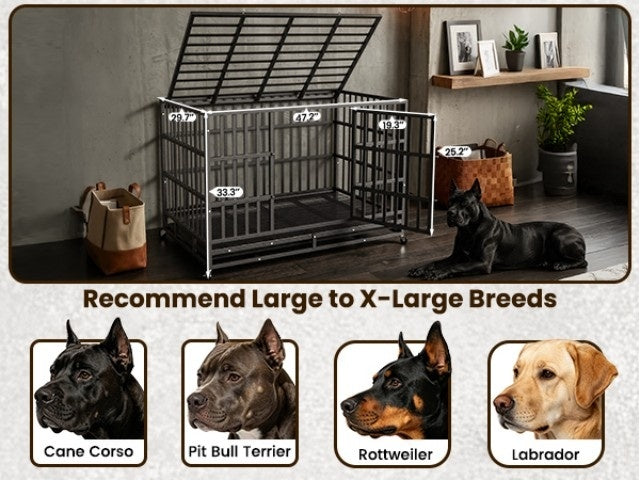 Heavy Duty Dog Crate with Top Opening, Black Steel Kennel in 42 or 48 Inch Models with Front Door, Lockable Wheels and Removable Cleaning Tray