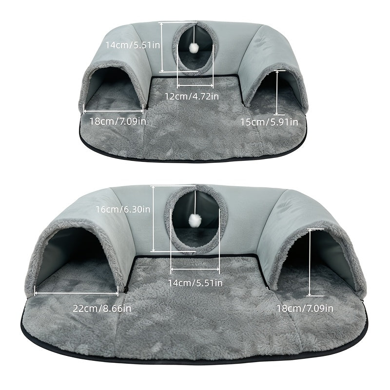 Arch Cat Tunnel Bed with Peekaboo Window and Hanging Ball, Soft Plush 2-in-1 Indoor Kitten Hideaway and Lounge Mat in Small or Large