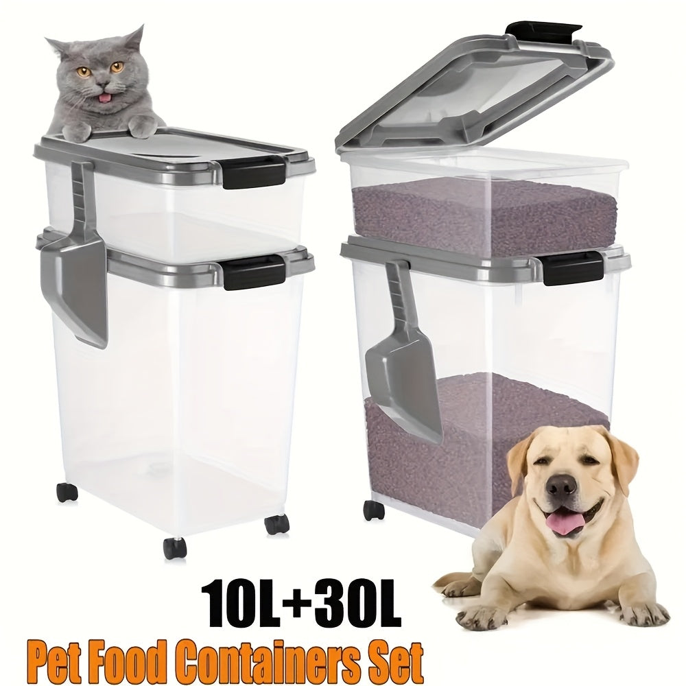 Rolling Pet Food Storage Containers with Locking Lids, Stackable Airtight Dog and Cat Dry Food Bins with Scoop, Gray/Clear Pantry Organizer