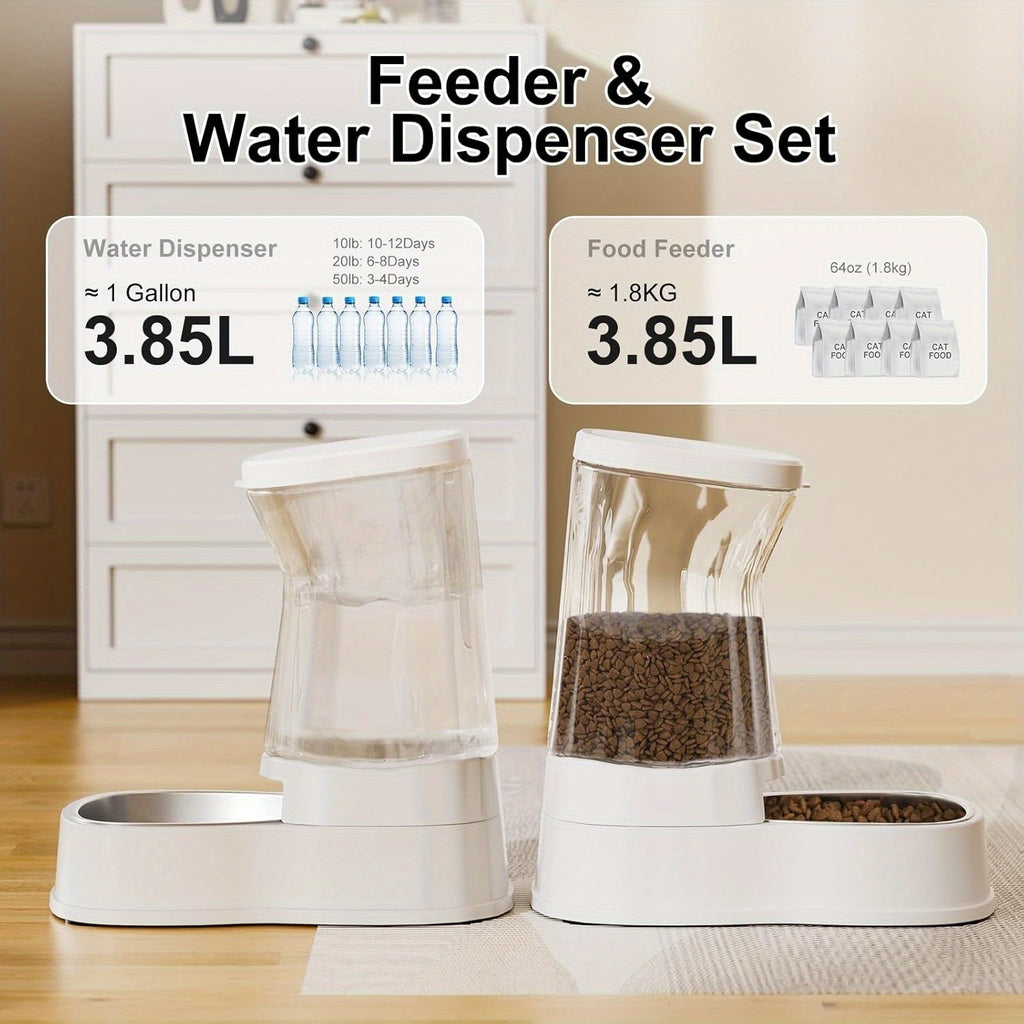 Dog Feeder and Water Dispenser Set, 2 x 1 Gallon Gravity-Fed Containers with Stainless Steel Bowls and Filter for Cats and Small to Medium Dogs