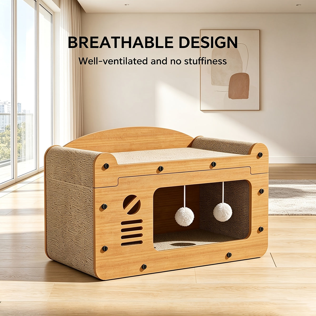 Cat Scratcher House with Dual Openings, Brown Corrugated Cardboard Cat-Face Hideout Bed and Hanging Toy Balls for Indoor Cats to Scratch, Rest and Play