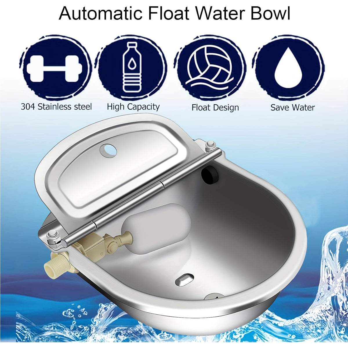 Automatic Dog Water Bowl 3L with Float Valve, Stainless Steel Self-Filling Outdoor Waterer with Braided Hose and Connectors for Pets and Livestock