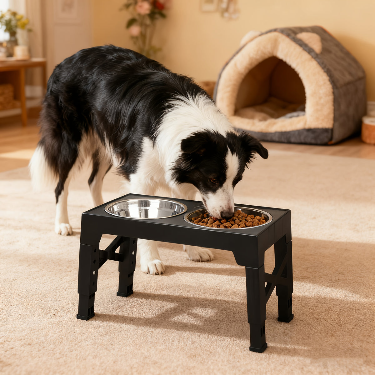 Five-Height Elevated Dog Bowls with 2 Stainless Steel Dishes, Foldable Raised Food and Water Stand from 3.15 to 12.2 Inches in Black or Gray