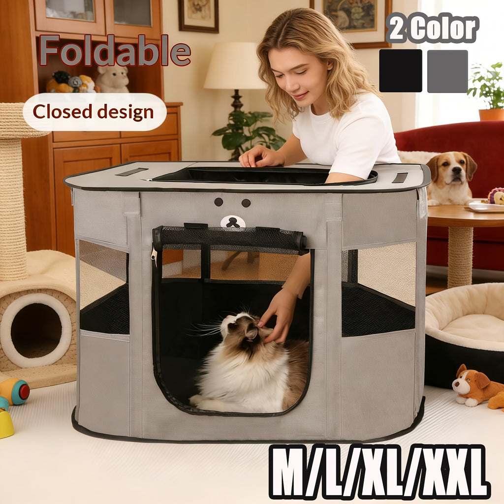 Pet Playpen with Rectangular Tent Design, Foldable Enclosed Resting Space for Small Dogs, Cats, Puppies and Kittens in Black or Gray, L to 2XL Options