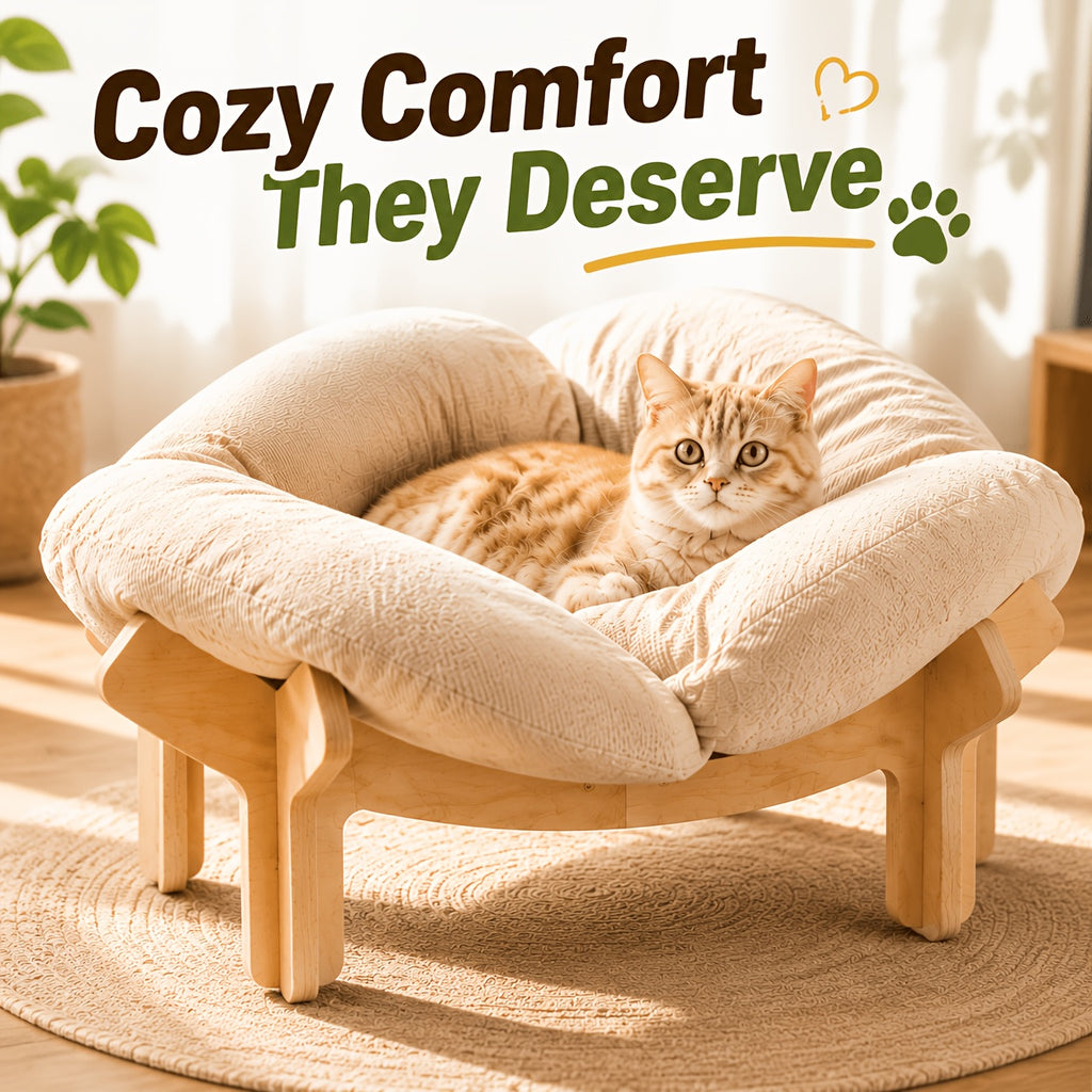Elevated Cat Bed with Heart-Shaped Wooden Frame and Soft Cushion, Raised Indoor Pet Sofa for Cats and Small Dogs in Pink, Apricot or Light Blue