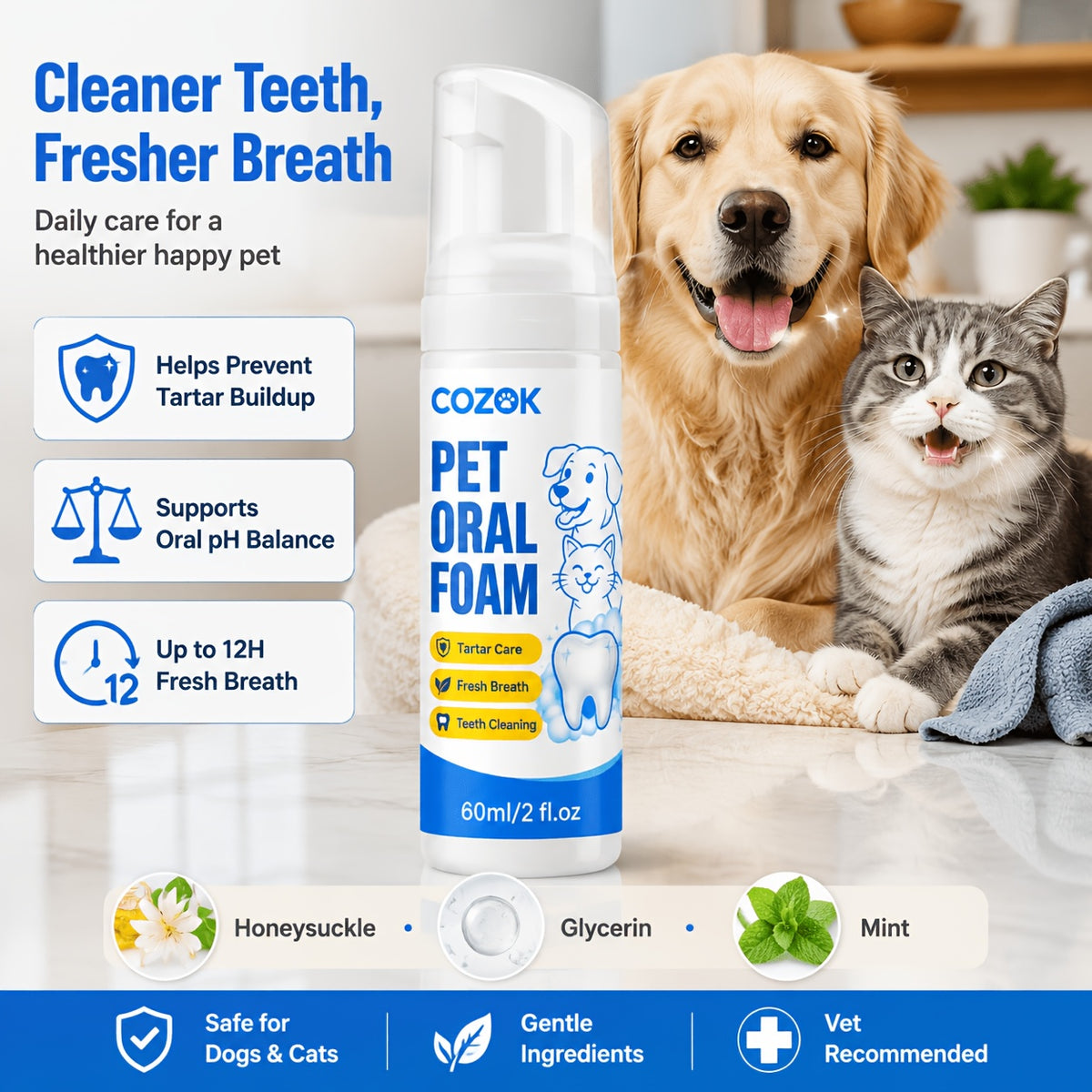 Pet Dental Foam for Dogs and Cats, Honeysuckle, Glycerin and Mint Oral Care Formula for Owner-Managed Teeth Cleaning and Fresh Breath Routines, 1 Piece