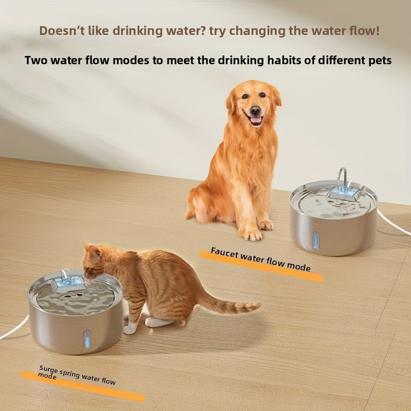 Dog Water Fountain FT007 7L, Stainless Steel USB Powered Pet Drinking Dispenser with Water Level Window and Filtration for Cats and Multi-Pet Homes