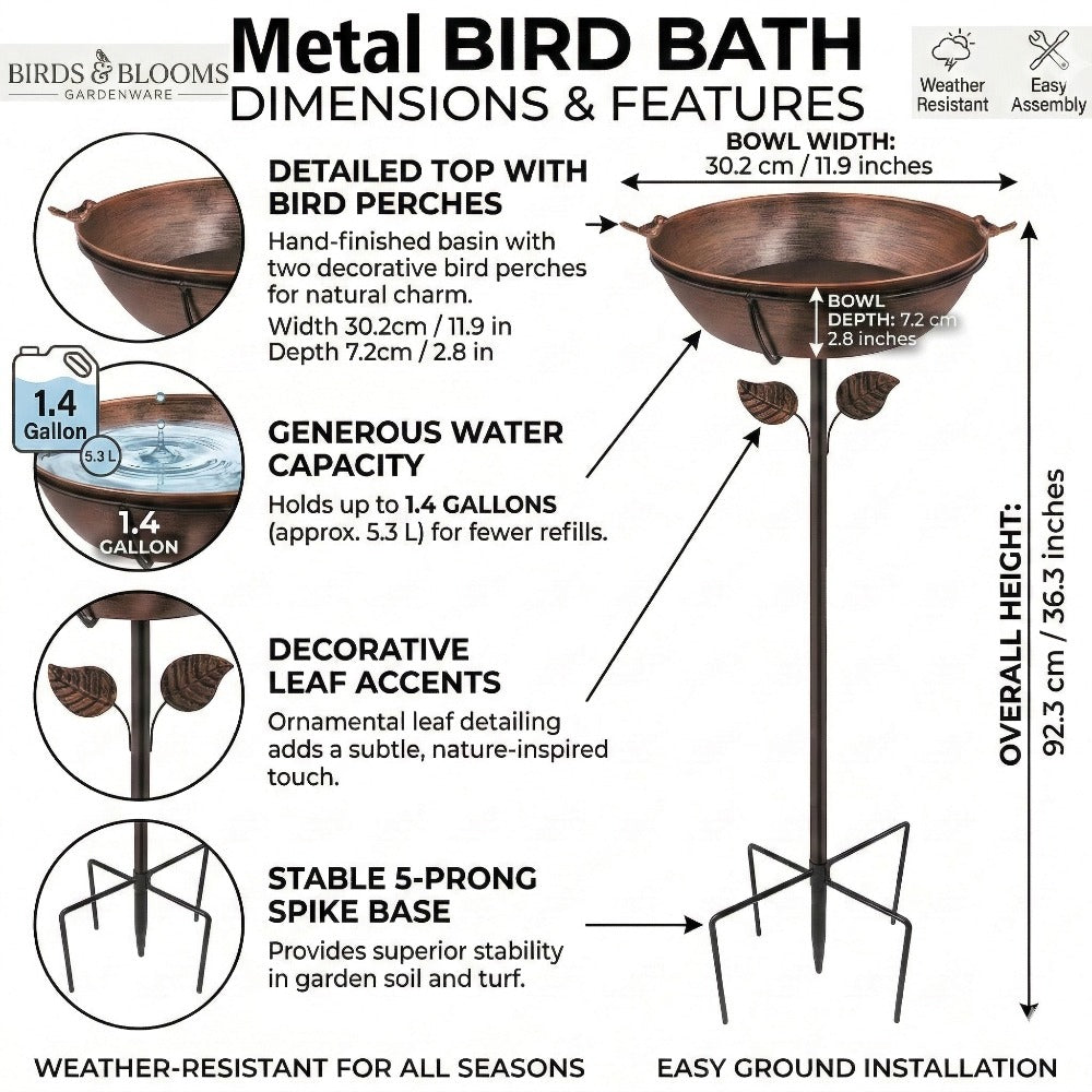 Outdoor Bird Bath with Removable Basin, 0.7 or 1.4 Gallon Garden Birdbath with Ground Stake, Decorative Bird Accents and Optional Solar Sprayer