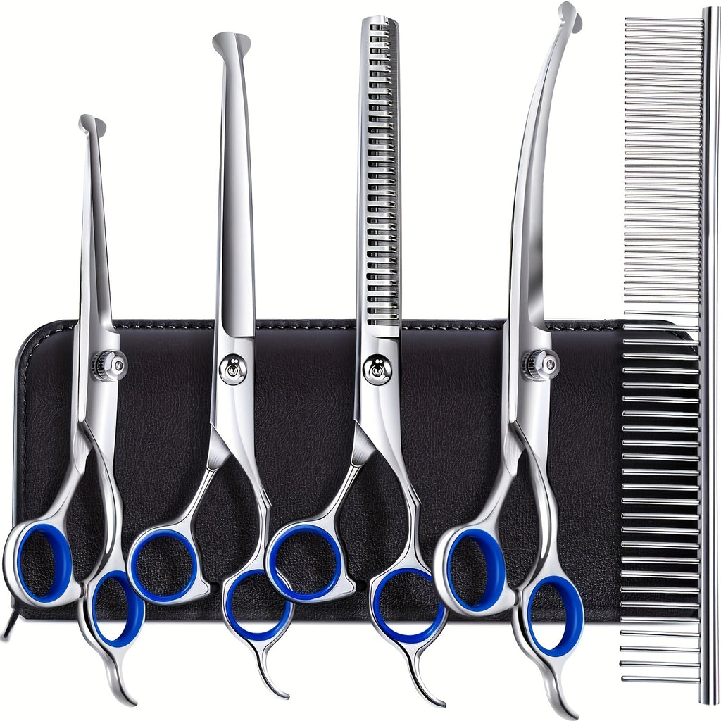 Dog Grooming Scissors 6-Piece Titanium-Coated Kit, 4CR Stainless Steel Pet Hair Trimming Tools with Rounded Tips for Dogs and Cats at Home
