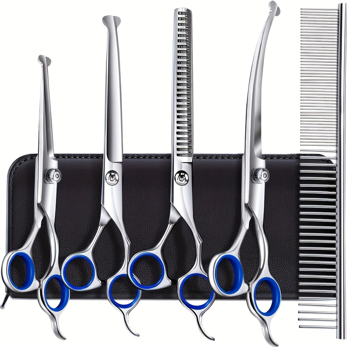 Dog Grooming Scissors 6-Piece Titanium-Coated Kit, 4CR Stainless Steel Pet Hair Trimming Tools with Rounded Tips for Dogs and Cats at Home