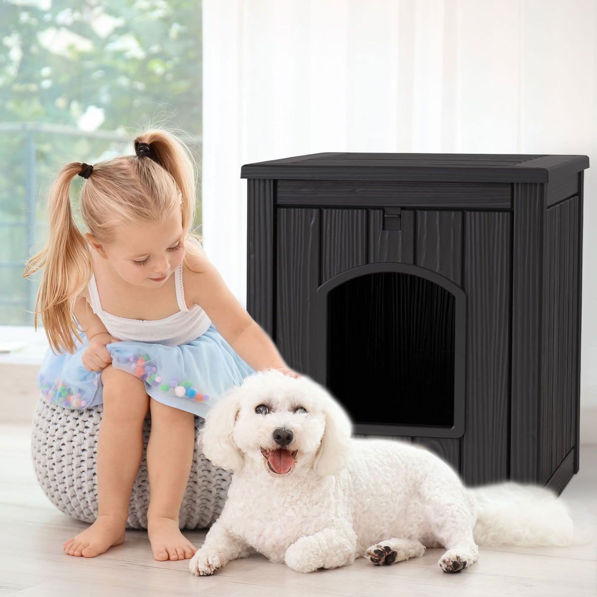 Pet House with Ventilation Windows, Easy-Assemble Resin Resting Shelter in Black or Light Brown for Indoor and Sheltered Outdoor Placement