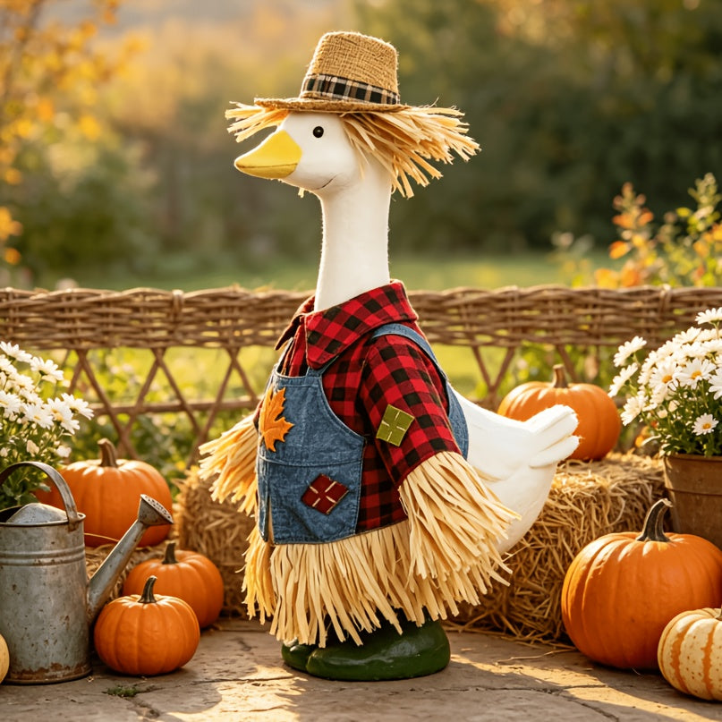 Thanksgiving Porch Goose Outfit for 23-Inch Statues, Scarecrow Costume with Red Plaid Shirt, Maple Leaf Denim Suspenders and Straw Hat