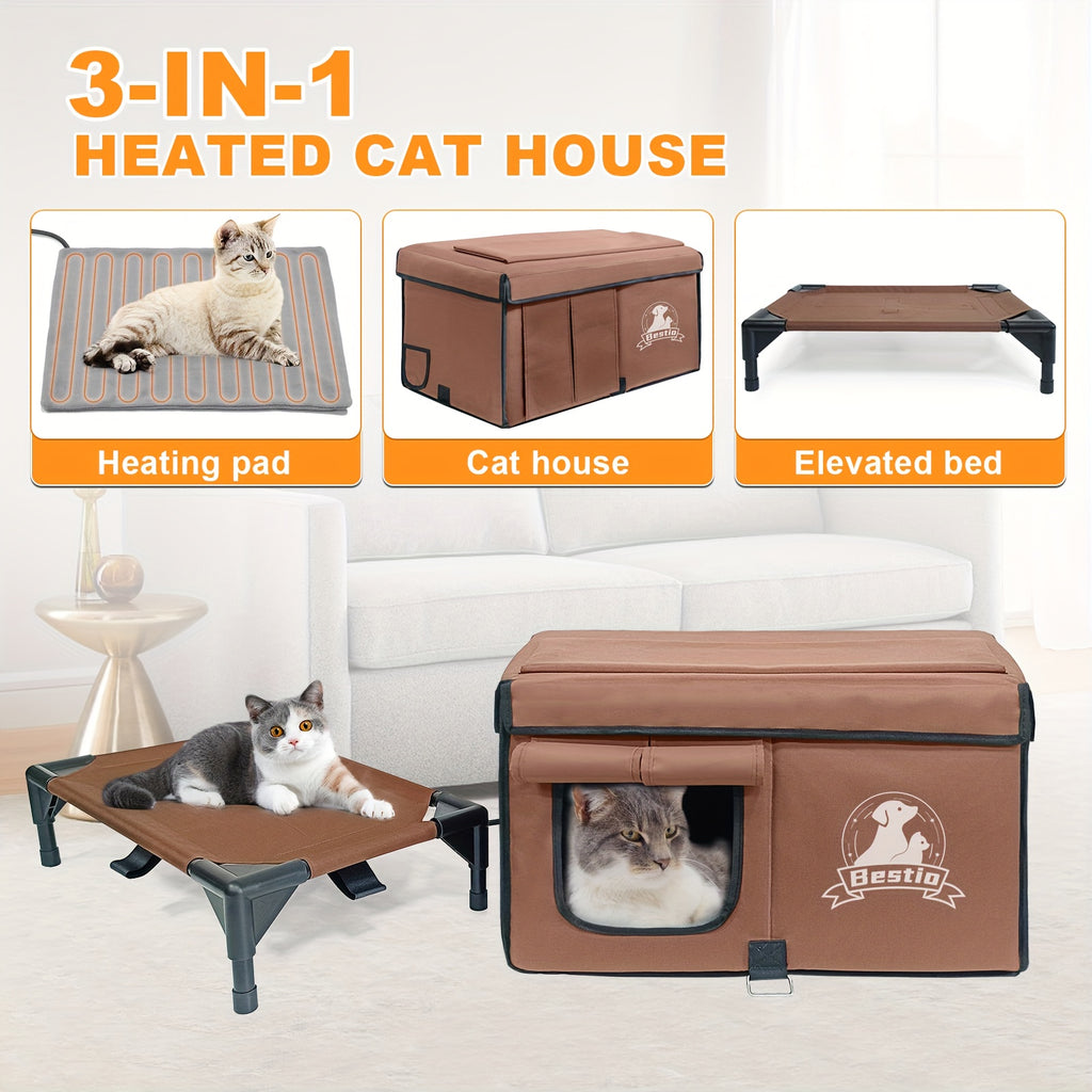 3-in-1 Heated Cat House with Detachable Heating Pad and Elevated Bed, Dual-Entry Cat Shelter in Brown, Camouflage and Roof Style Options