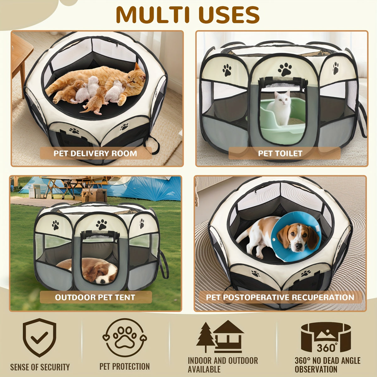 Collapsible Pet Playpen with Mesh Windows and Removable Zipper Top, Octagonal Oxford Fabric Enclosure for Dogs and Cats, Gray or Brown Indoor Outdoor Pen
