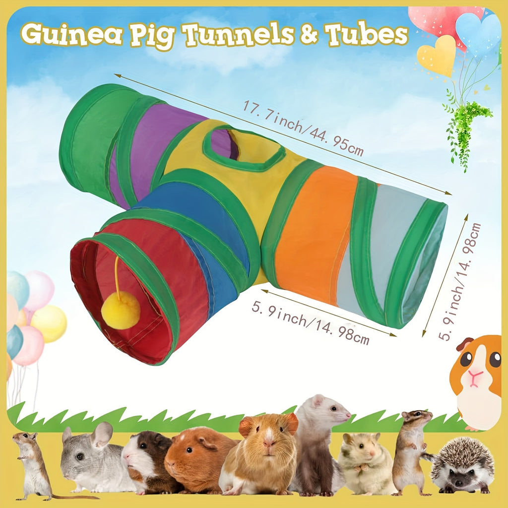 Guinea Pig Tunnel with Hanging Ball, 3-Way Collapsible Rainbow Small Pet Play Tube with Peek Hole for Hamsters, Gerbils and Supervised Indoor Exploration