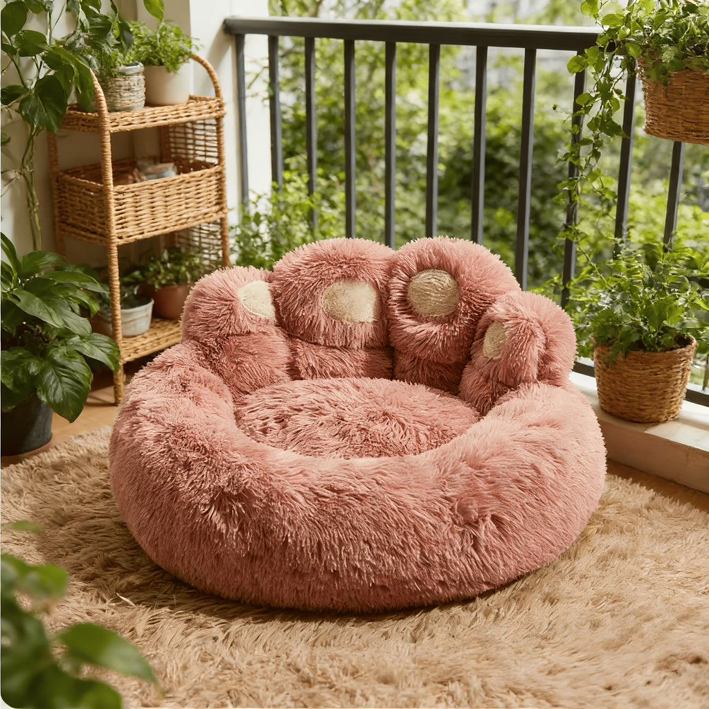 Paw Shaped Pet Bed for Dogs and Cats, Fluffy Bear Paw Donut Cushion with Raised Sides and Non-Slip Bottom in Pink, Grey or Coffee, M to 2XL