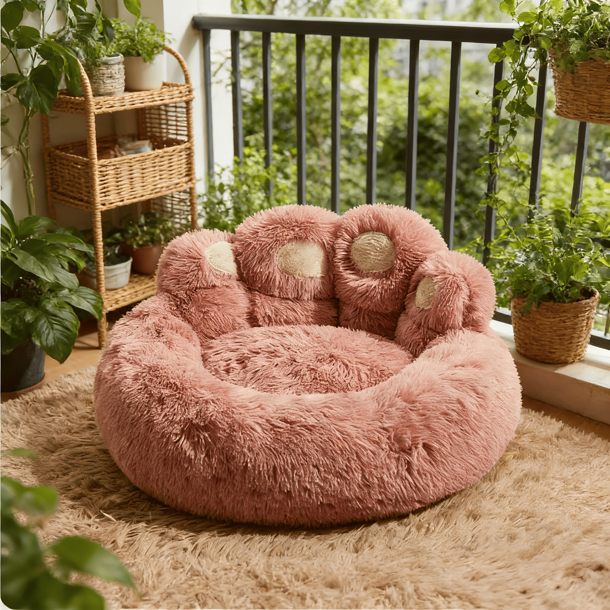 Paw Shaped Pet Bed for Dogs and Cats, Fluffy Bear Paw Donut Cushion with Raised Sides and Non-Slip Bottom in Pink, Grey or Coffee, M to 2XL