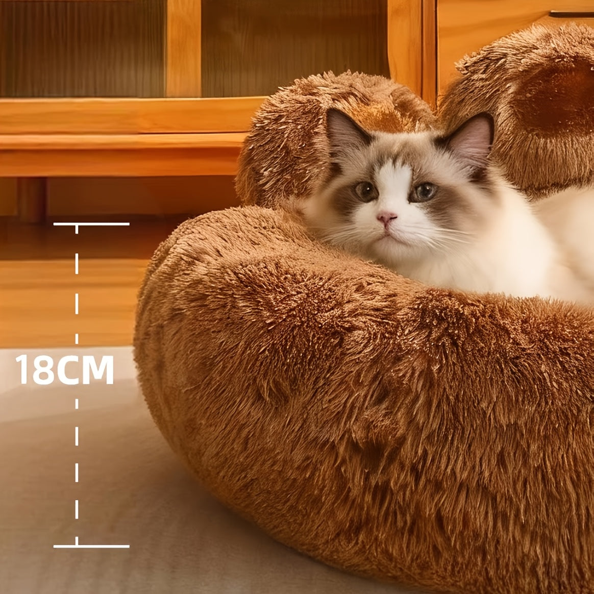 Dog Bed with Bear Paw Bolsters, Thick Plush Cat Sleeping Cushion with Non-Slip Bottom, Pink Grey or Coffee in 60cm, 70cm and 100cm Sizes