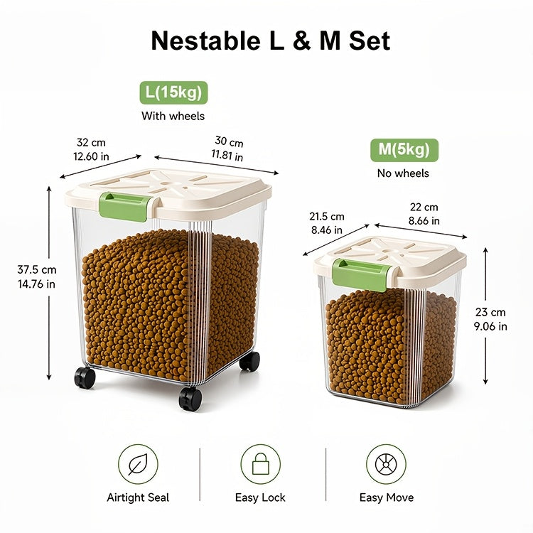 Dog Food Storage Container Set, 2-Piece Airtight Large and Medium Clear Plastic Bins with Rolling Wheels and Measuring Cup for Dry Cat and Dog Kibble