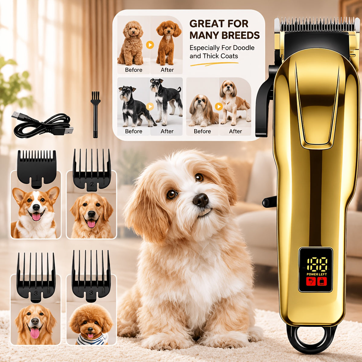 Cordless Pet Hair Clippers with 4 Guide Combs, Rechargeable Low-Noise Dog and Cat Grooming Trimmer with Ergonomic Grip in Golden or Pink