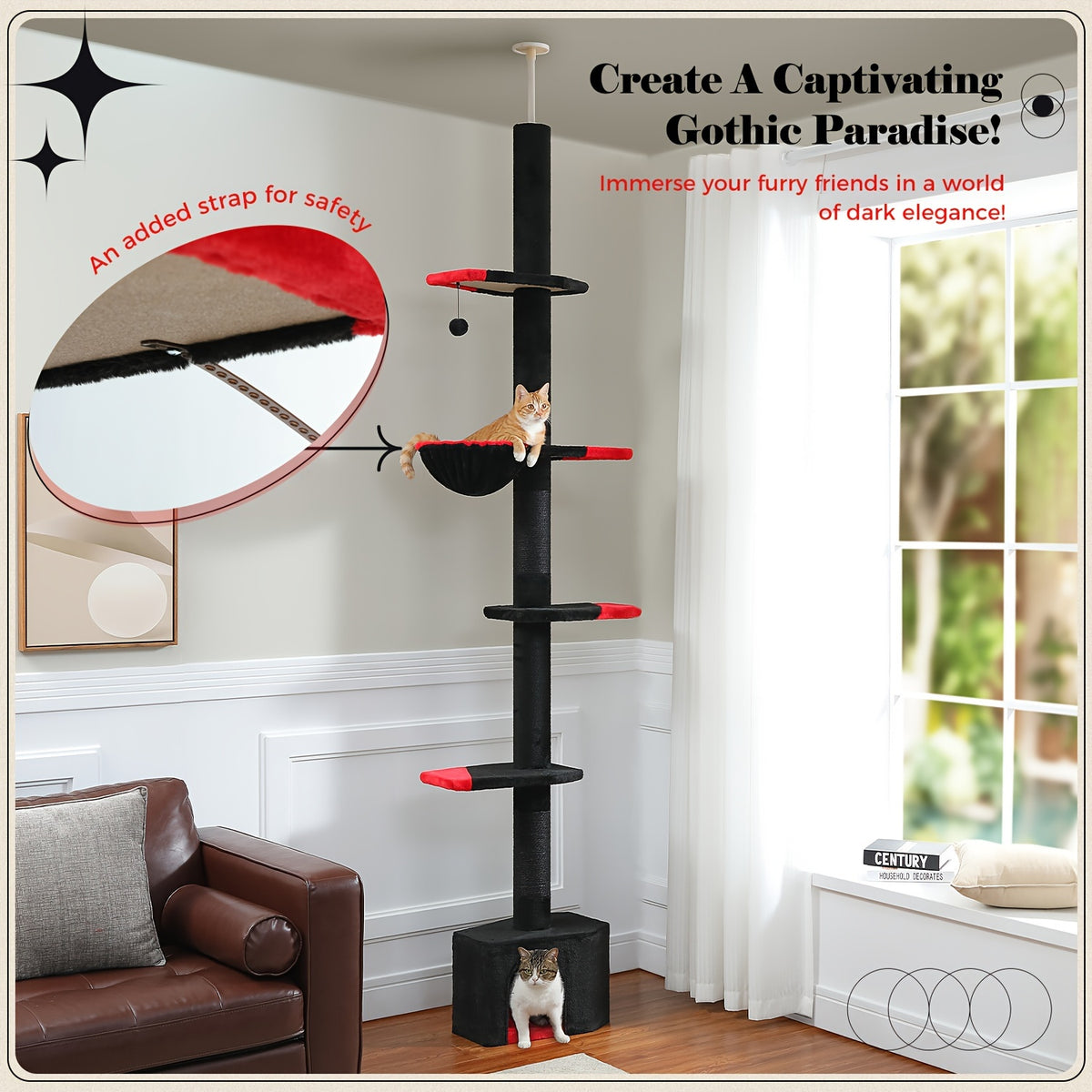 Floor to Ceiling Cat Tree, 90–107 Inch Adjustable 4-Tier Indoor Cat Tower with Tension Rod and Soft Carpet-Style Platforms for Climbing and Rest