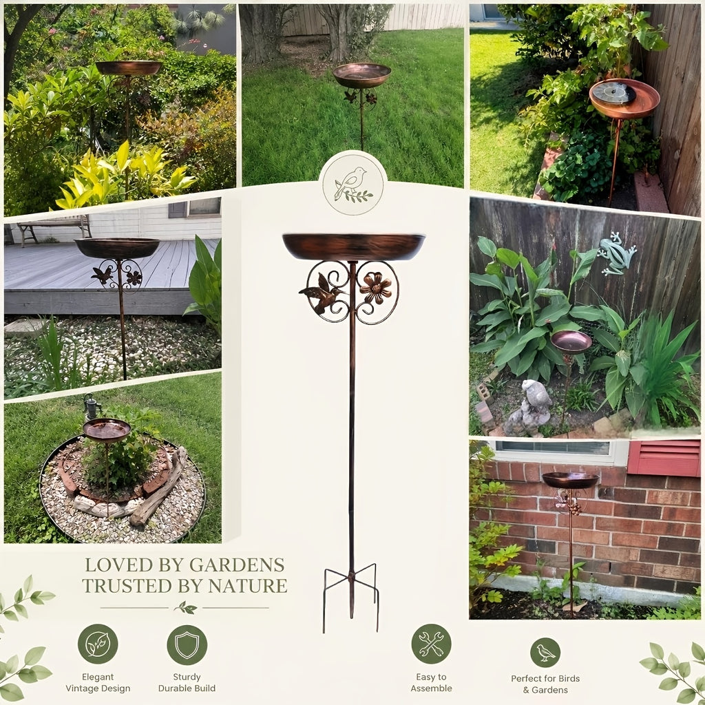 Bronze Metal Bird Bath with Flower and Butterfly Accents, Five-Prong Ground Stake Garden Basin with Single Layer and Set Options for Outdoor Yard Decor
