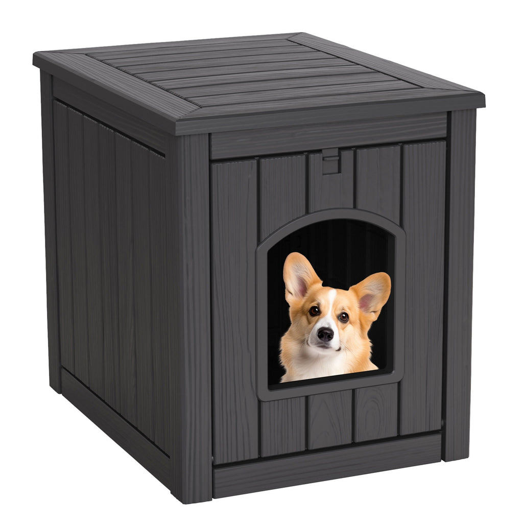 Pet House with Ventilation Windows, Easy-Assemble Resin Resting Shelter in Black or Light Brown for Indoor and Sheltered Outdoor Placement