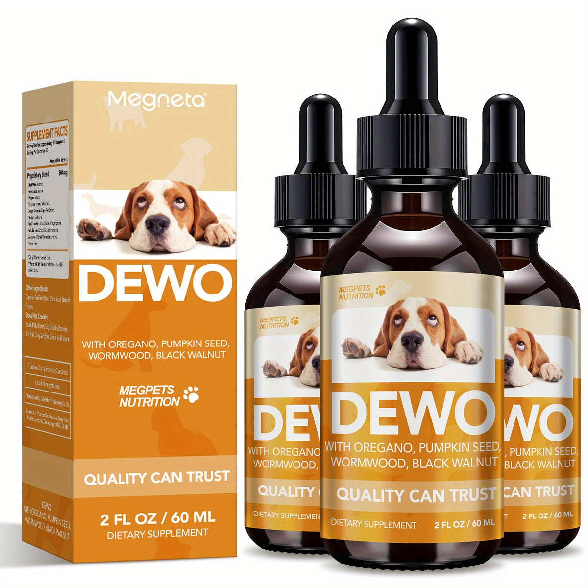 Herbal Pet Supplement Drops for Dogs and Cats, 2 fl oz Liquid Formula with Wormwood, Black Walnut and Pumpkin Seed, One to Three Bottle Options